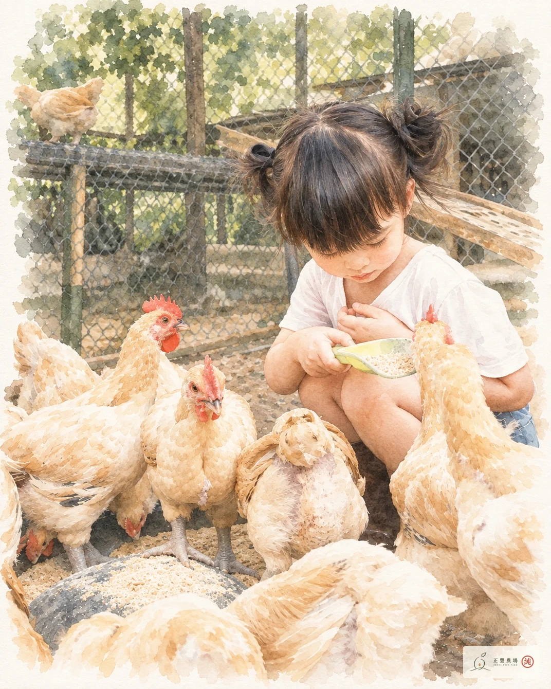 孩子低頭餵雞的水彩插畫,依農家照片繪製